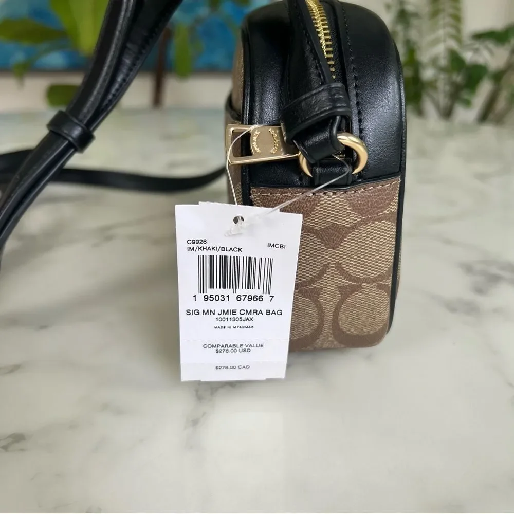 NWT Coach Mini Jamie Camera Bag In Signature Canvas C9926 Khaki Black Gold